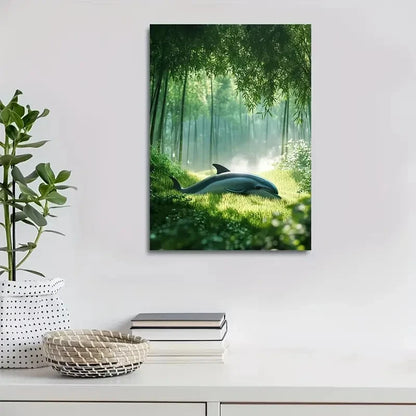 Dolphin in Bamboo Grove Scene with Morning Painting 40x60cm Metal Print Ready to Hang
