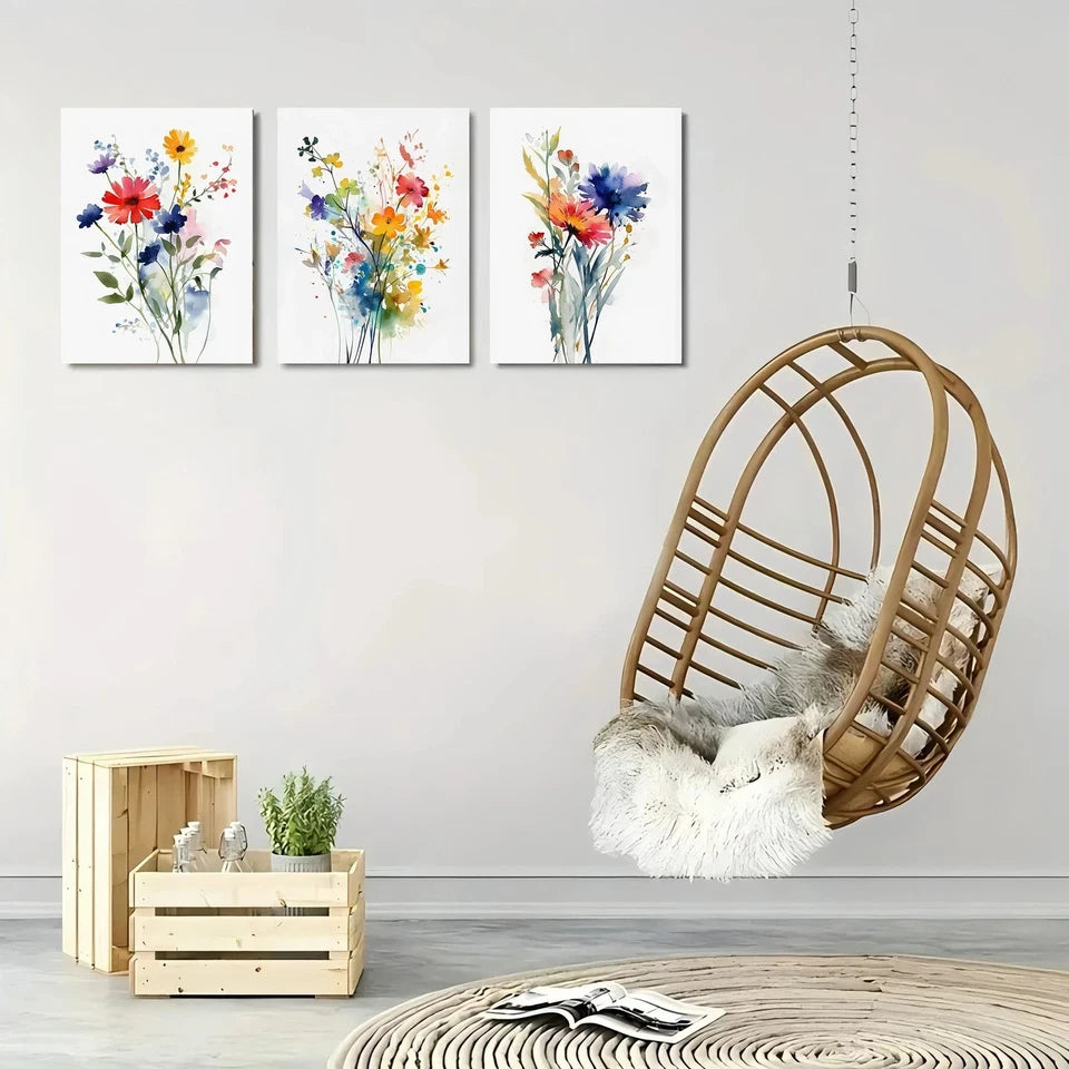 3pcs Colorful Watercolor Wildflower Bohemian Metal Print Ready to Hang Art
