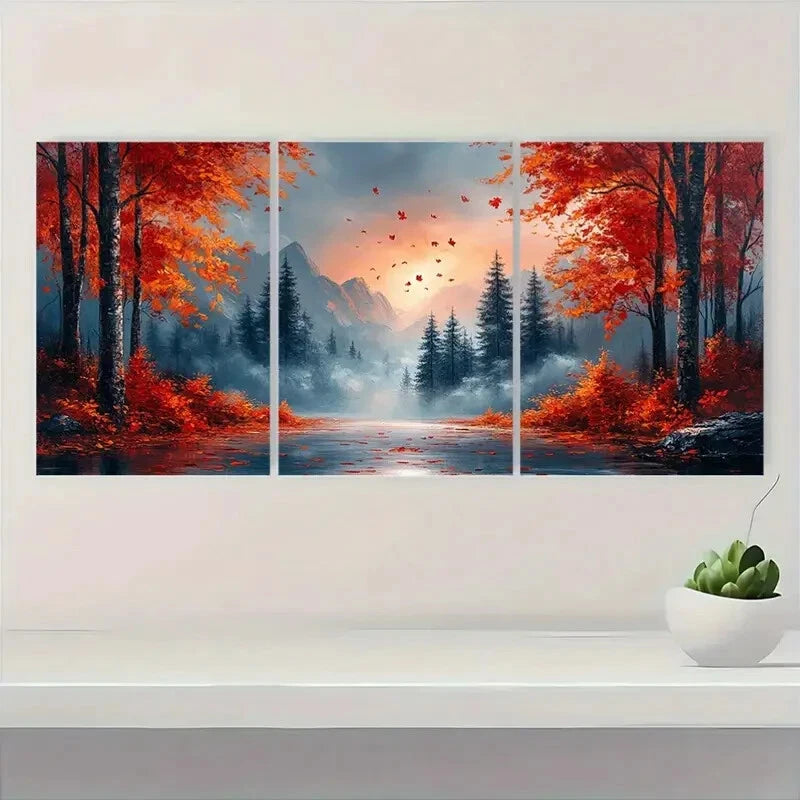 3pcs Vibrant Fall Foliage Misty Mountains Metal Print Ready to Hang Art