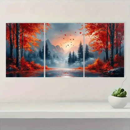 3pcs Vibrant Fall Foliage Misty Mountains Metal Print Ready to Hang Art
