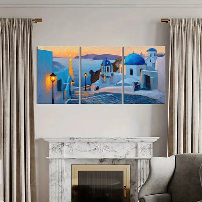 3pcs Santorini Sunset Blue Domes & White Buildings Metal Print Ready to Hang Art