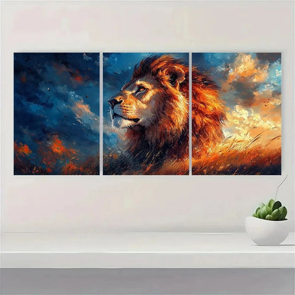3pcs Lion Painting Golden Animal Themed Metal Print Ready to Hang Art