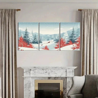 3pcs Snow Scene with Elk Modern Decor Wall Art Set Canvas Framed 40x60cm - High Quality Print 100% Australian Made Wall Canvas Ready to Hang