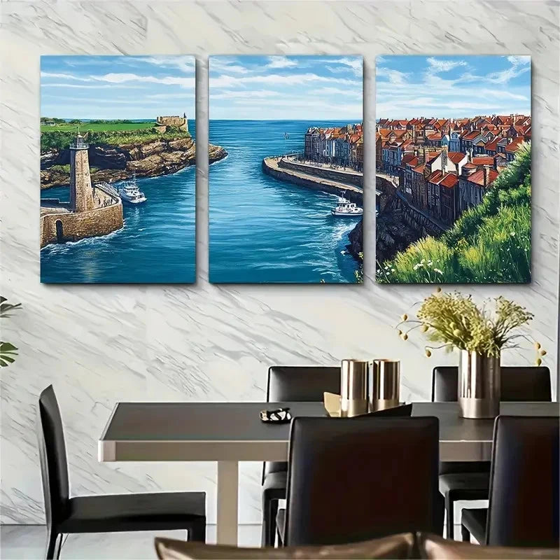 3pcs Harbor town and lighthouse & blue sky Wall Wall Art Set Canvas Framed 40x60cm - High Quality Print 100% Australian Made Wall Canvas Ready to Hang