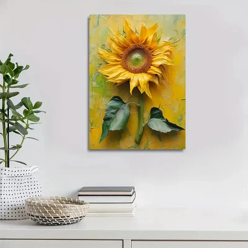 Vibrant Yellow Petals & Green Leaves Painting 40x60cm Metal Print Ready to Hang