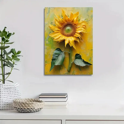 Vibrant Yellow Petals & Green Leaves Painting 40x60cm Metal Print Ready to Hang
