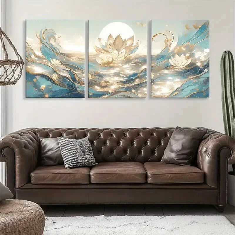 3pcs Elegant Soft Blue and Golden Tones Perfect Wall Art Set Canvas Framed 40x60cm - High Quality Print 100% Australian Made Wall Canvas Ready to Hang