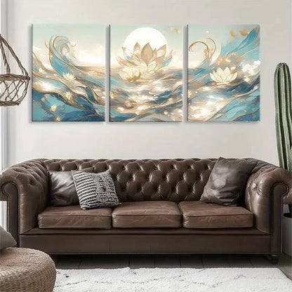 3pcs Elegant Soft Blue and Golden Tones Perfect Wall Art Set Canvas Framed 40x60cm - High Quality Print 100% Australian Made Wall Canvas Ready to Hang