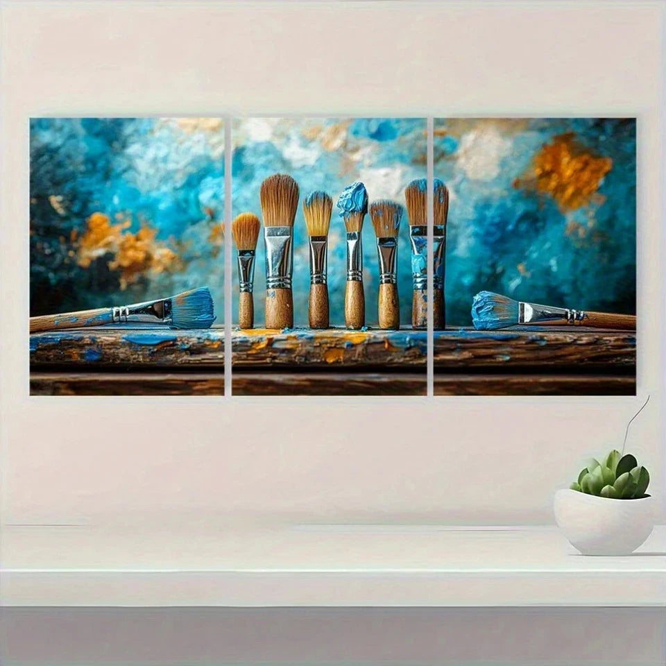 3pcs Vibrant Blue and Orange Paint Brushes Metal Print Ready to Hang Art