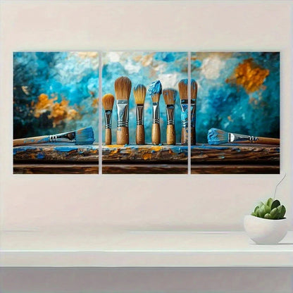 3pcs Vibrant Blue and Orange Paint Brushes Metal Print Ready to Hang Art