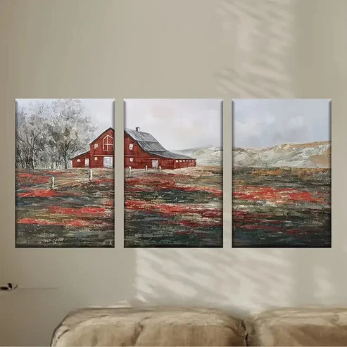 3pcs Red Barn in Field Wall Art Set Canvas Unframed - High Quality Print 100% Australian Made Wall Canvas