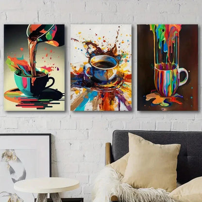 3pcs Vibrant Coffee Splatter Colorful Perfect Wall Art Set Canvas Framed 40x60cm - High Quality Print 100% Australian Made Wall Canvas Ready to Hang