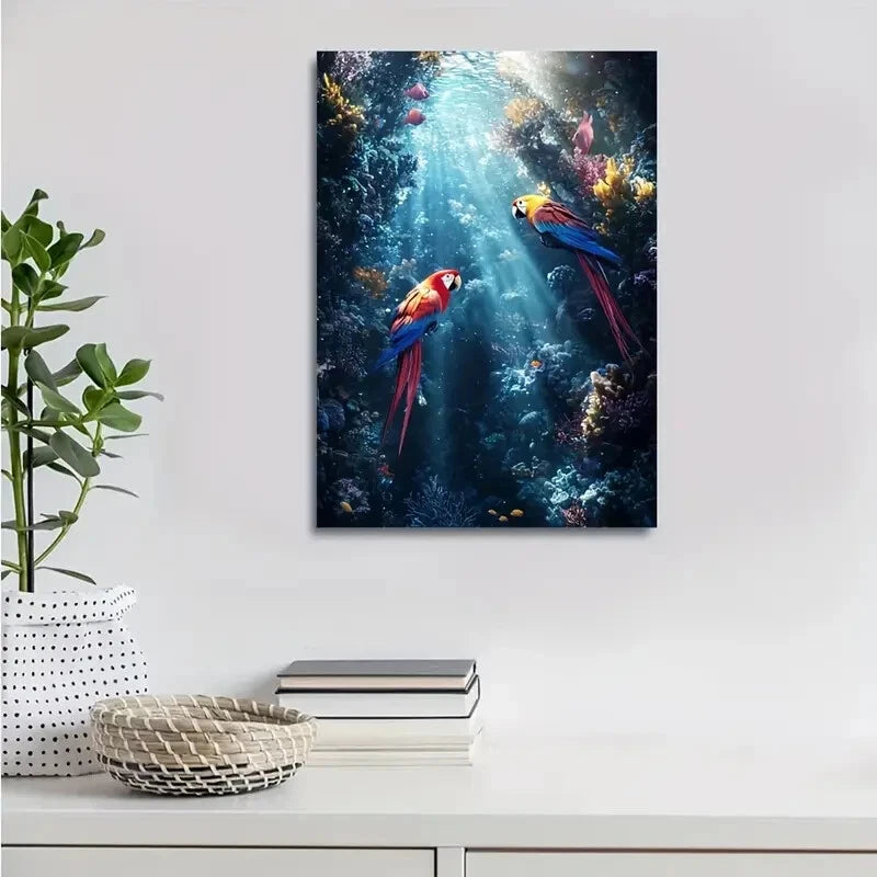 Colorful Coral Reef Scene Sunbeams Parrot Painting 40x60cm Metal Print Ready to Hang