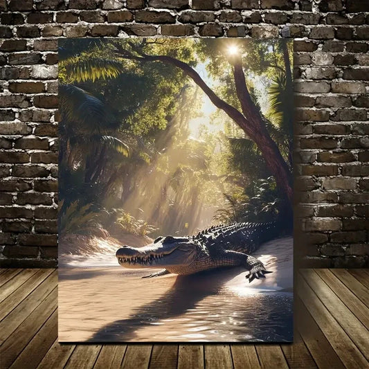 Scene of Crocodile Swinging from Trees Painting 40x60cm Metal Print Ready to Hang