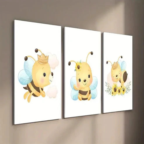 3pcs Cartoon Bees Flowers & Butterflies Wall Art Set Canvas Unframed - High Quality Print 100% Australian Made Wall Canvas