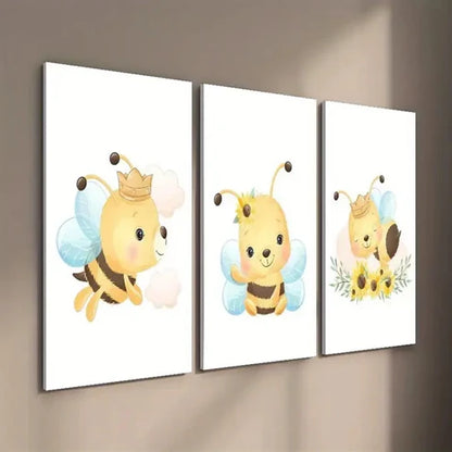 3pcs Cartoon Bees Flowers & Butterflies Wall Art Set Canvas Unframed - High Quality Print 100% Australian Made Wall Canvas