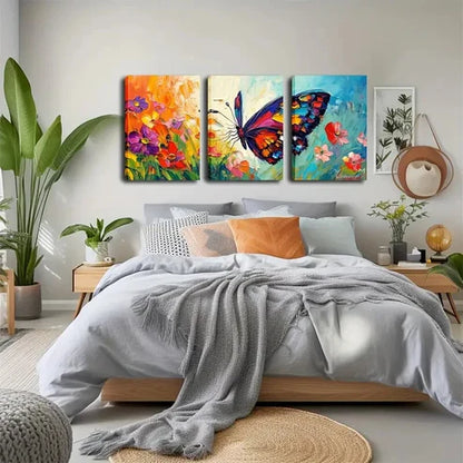 3pcs Vibrant Butterfly and Flower Triptych Wall Art Canvas Unframed - High Quality Print 100% Australian Made Wall Canvas