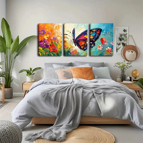 3pcs Vibrant Butterfly and Flower Triptych Wall Art Canvas Unframed - High Quality Print 100% Australian Made Wall Canvas