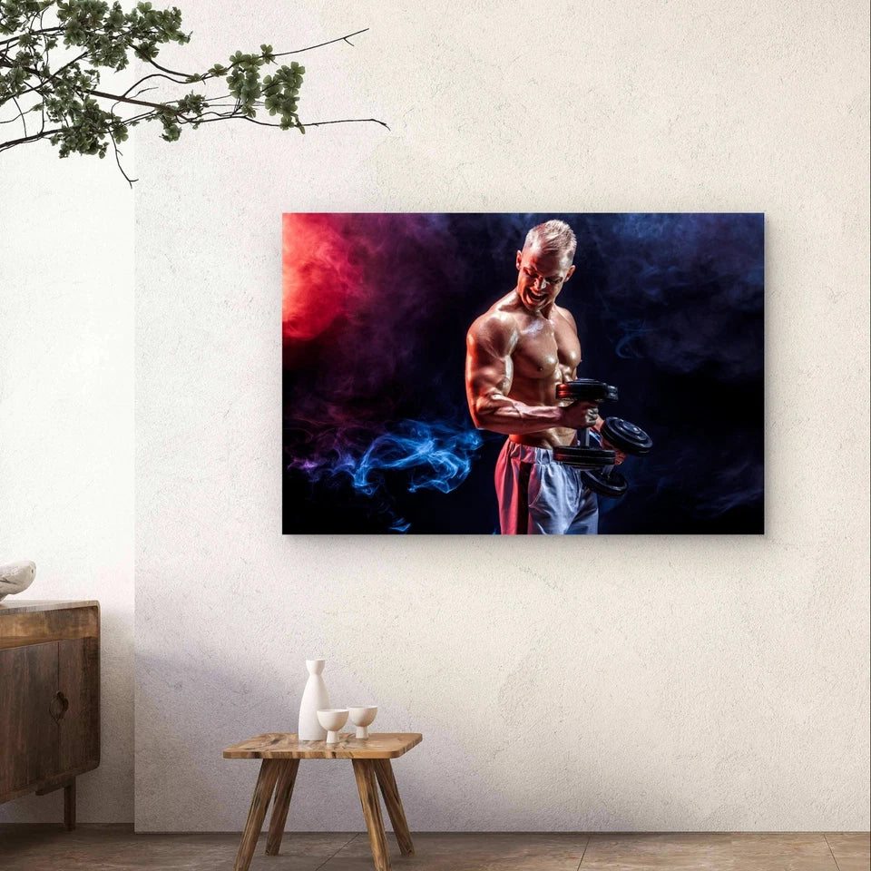 Muscular Athlete Curling Dumbbells 5mm Plastic Poster Ready to Hang 90x60cm