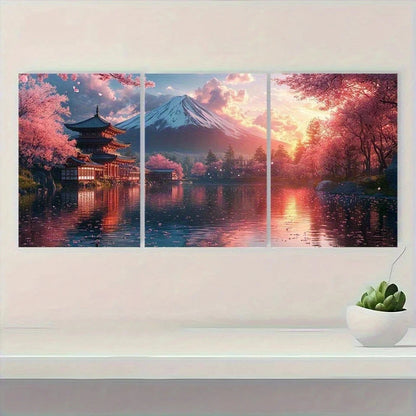 3pcs Cherry Blossoms & Lotus Sunset Sky Metal Print Ready to Hang Art