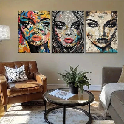 3pcs Colorful Faces with Mixed Media Perfect Wall Art Set Canvas Framed 40x60cm - High Quality Print 100% Australian Made Wall Canvas Ready to Hang