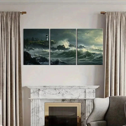 3pcs Lighthouse Overlooking Stormy Sea Waves Wall Art Set Canvas Framed 50x70cm - High Quality Print 100% Australian Made Wall Canvas Ready to Hang