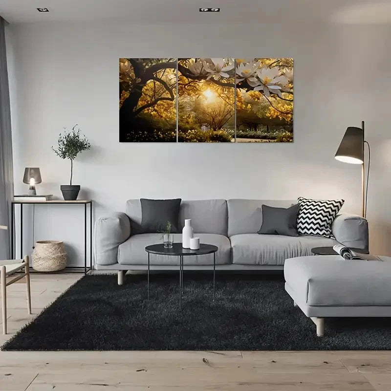 3pcs Golden Magnolia Blossom Painting Metal Print Ready to Hang Art