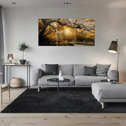 3pcs Golden Magnolia Blossom Painting Metal Print Ready to Hang Art