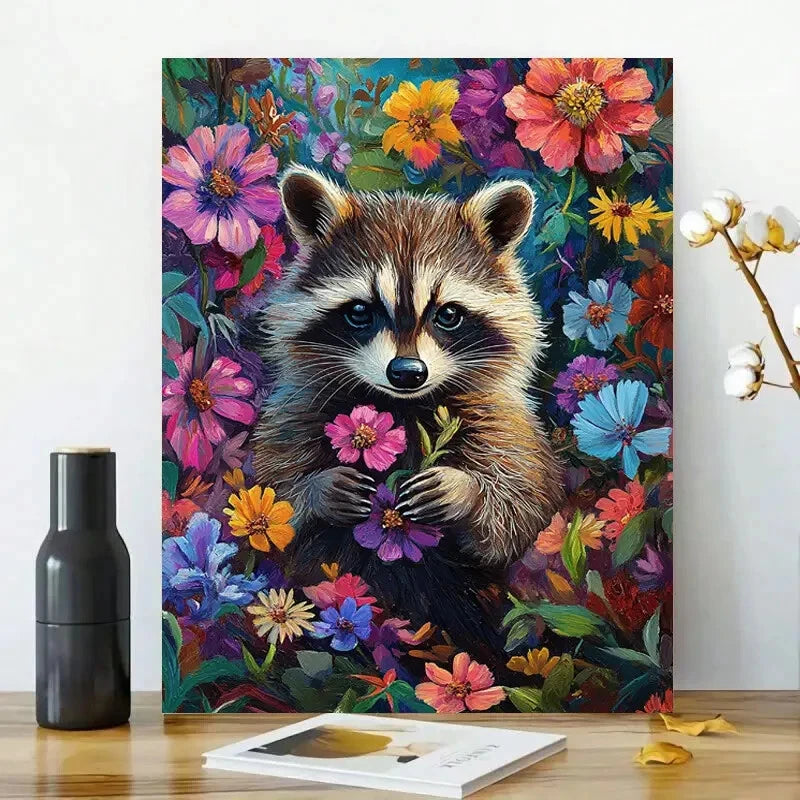 Cute Raccoon With Colorful Flowers Design 40x60cm Metal Print Ready to Hang
