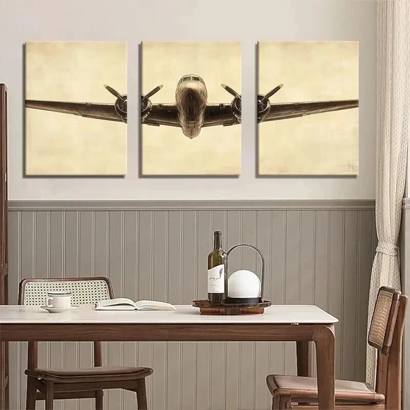 3pcs Vintage Airplane Retro Aviation Perfect Wall Art Set Canvas Framed 40x60cm - High Quality Print 100% Australian Made Wall Canvas Ready to Hang