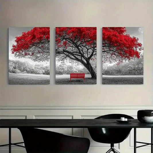 3pcs Rustic Red Tree Black and White Metal Print Ready to Hang Art