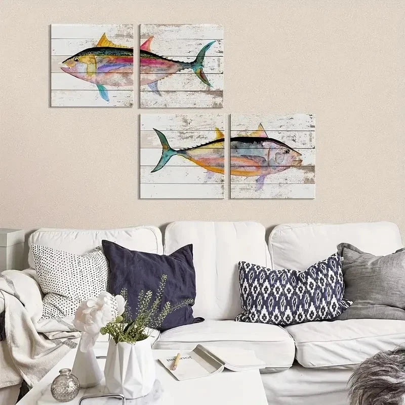 4pcs  Nautical Tuna Fish Canvas Prints Wall Art Canvas Framed
