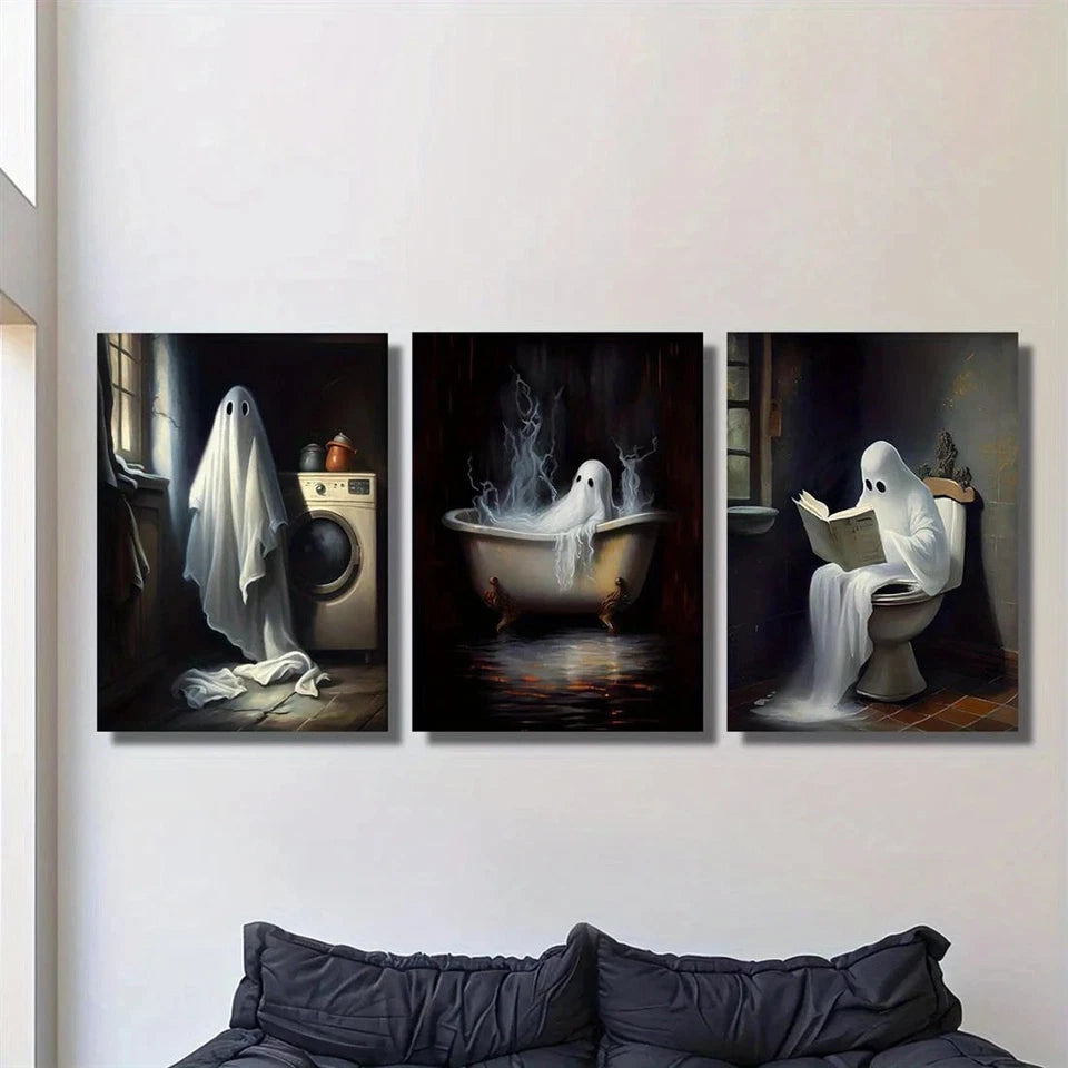 3pcs Charming Horror Ghostly Bathroom Scenes Metal Print Ready to Hang Art