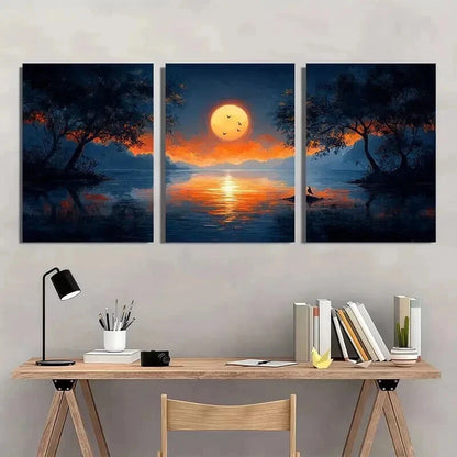 3pcs Sunset Serene Lake & Tree Silhouette Wall Art Set Canvas Framed 40x60cm - High Quality Print 100% Australian Made Wall Canvas Ready to Hang