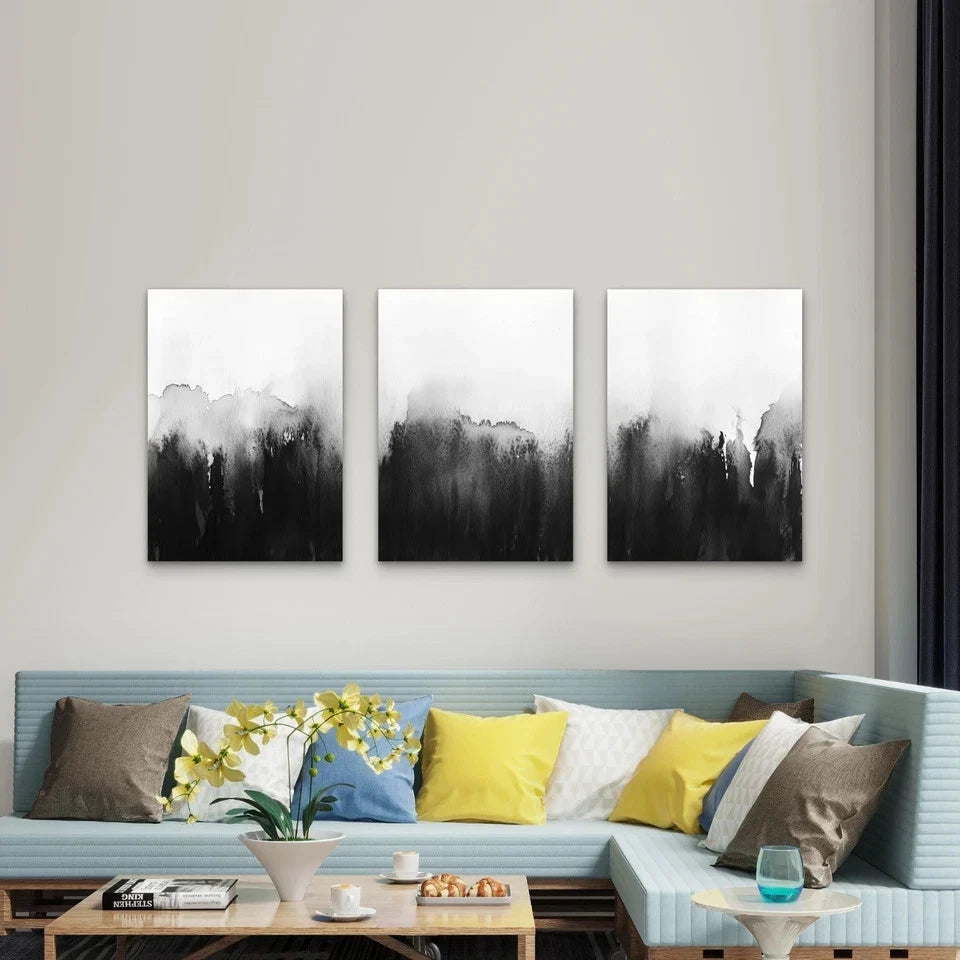 3pcs Minimalist Black White Watercolor Abstract Wall Art Set Canvas Framed 60x90cm - High Quality Print 100% Australian Made Wall Canvas Ready to Hang