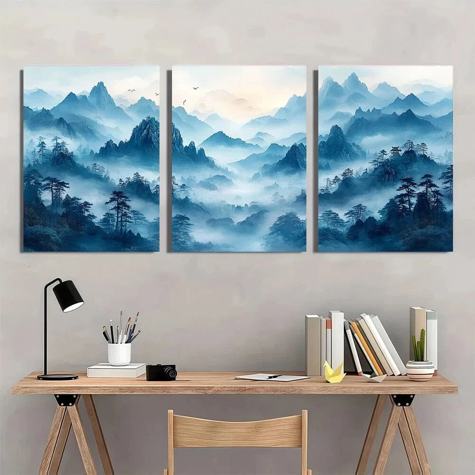 3pcs Chinese Style Mountain Blue Hues Metal Print Ready to Hang Art