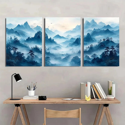 3pcs Chinese Style Mountain Blue Hues Metal Print Ready to Hang Art