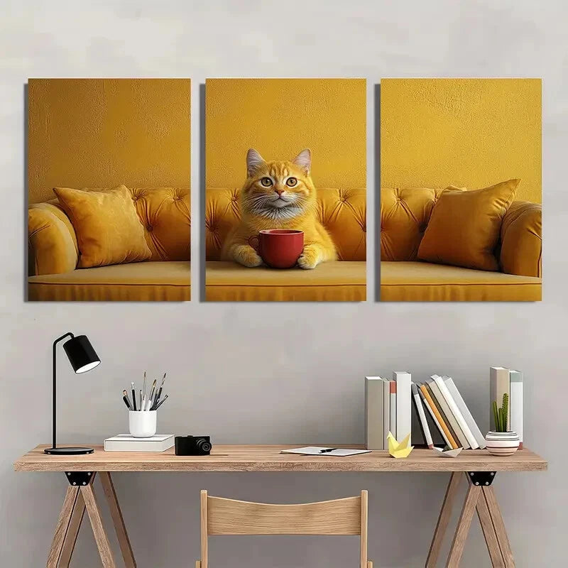 3pcs Whimsical Cat Yellow Cat Sipping Coffee Red Metal Print Ready to Hang Art