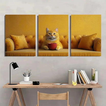 3pcs Whimsical Cat Yellow Cat Sipping Coffee Red Metal Print Ready to Hang Art