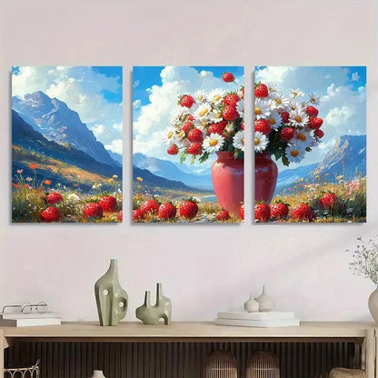 3pcs Floral and Strawberry Vase Design Metal Print Ready to Hang Art