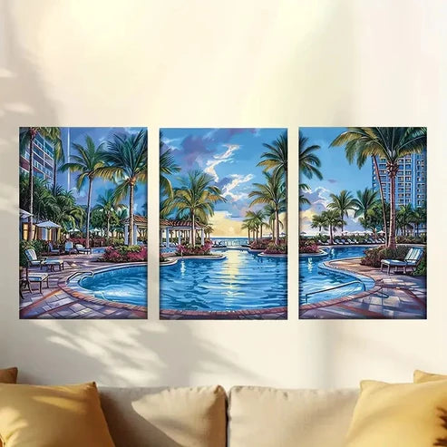 3pcs Pool under the blue sky Wall Art Set Canvas Unframed - High Quality Print 100% Australian Made Wall Canvas