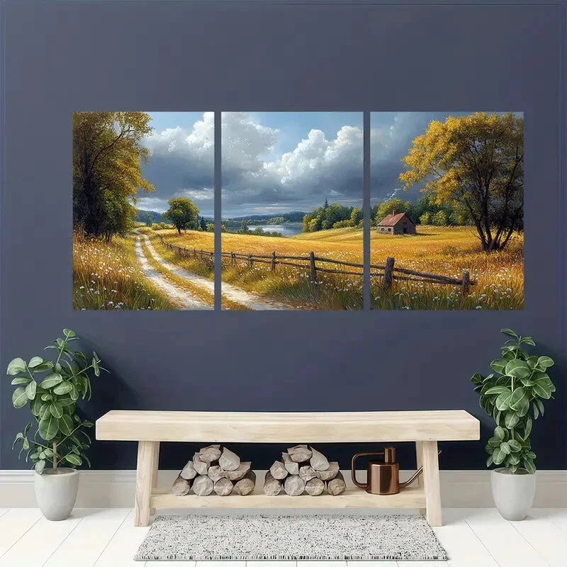 3pcs Serene Pathways Daisies and Tranquil Houses Metal Print Ready to Hang Art