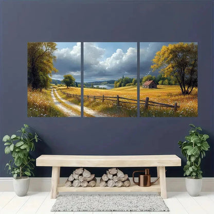 3pcs Serene Pathways Daisies and Tranquil Houses Metal Print Ready to Hang Art