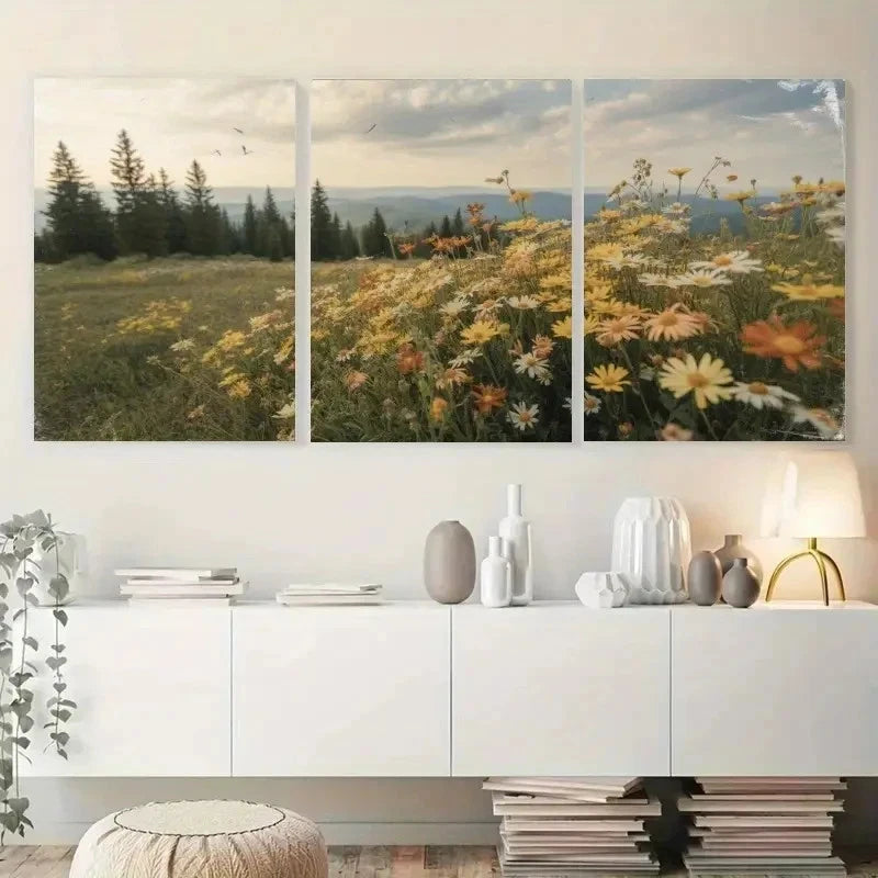3pcs Vintage Style Serene Wildflower & Pine Tree Metal Print Ready to Hang Art