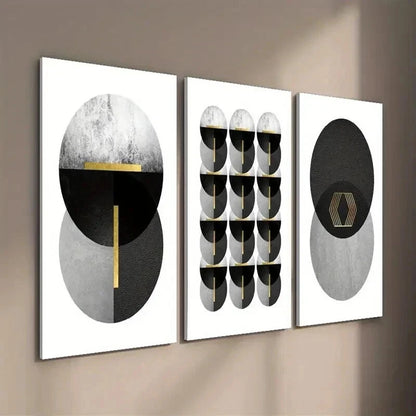 3pcs Black White and Golden Geometric Wall Art Set Canvas Framed 40x60cm - High Quality Print 100% Australian Made Wall Canvas Ready to Hang