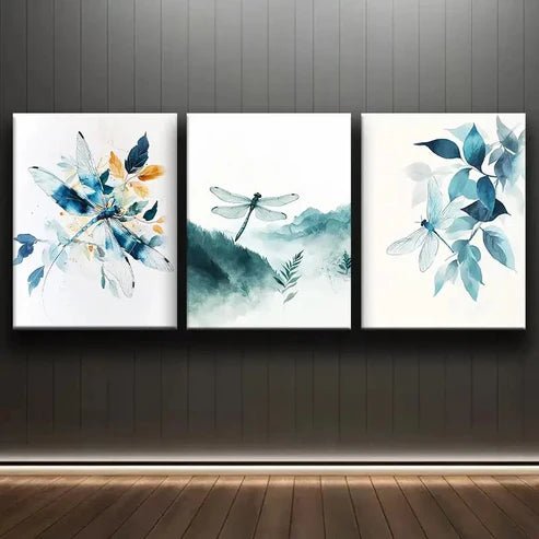 3pcs Colorful Watercolor Dragonfly White Perfect Wall Art Set Canvas Unframed - High Quality Print 100% Australian Made Wall Canvas