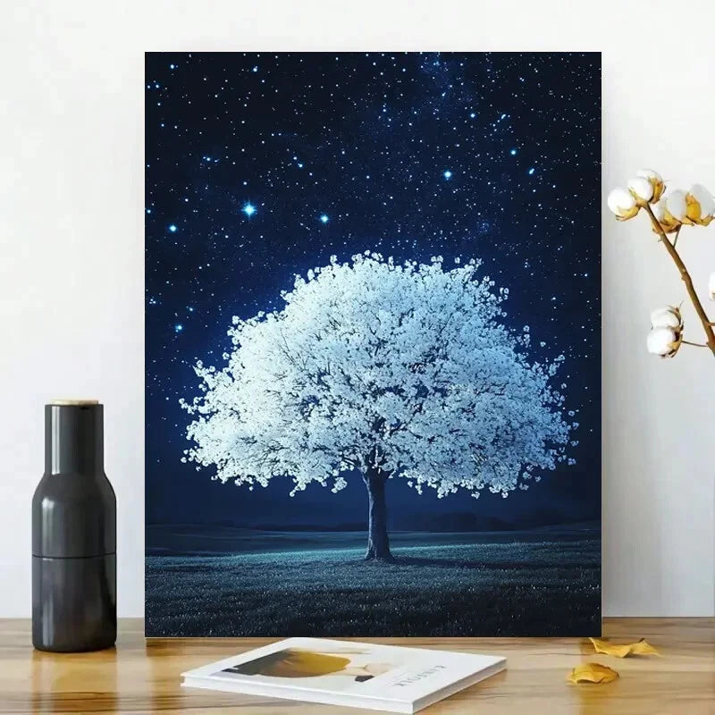 Starry Night Sky White Tree Night Blue 40x60cm Metal Print Ready to Hang
