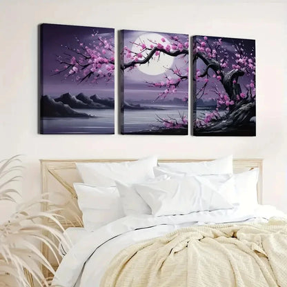 3pcs Moonlit Trees And Plum Blossoms Perfect Wall Art Set Canvas Framed 40x60cm - High Quality Print 100% Australian Made Wall Canvas Ready to Hang