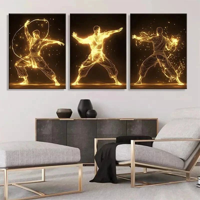 3pcs Glowing Martial Golden Energy Perfect Wall Art Set Canvas Framed 40x60cm - High Quality Print 100% Australian Made Wall Canvas Ready to Hang