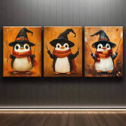 3pcs Fantasy Penguin Witch Hat Painting Metal Print Ready to Hang Art